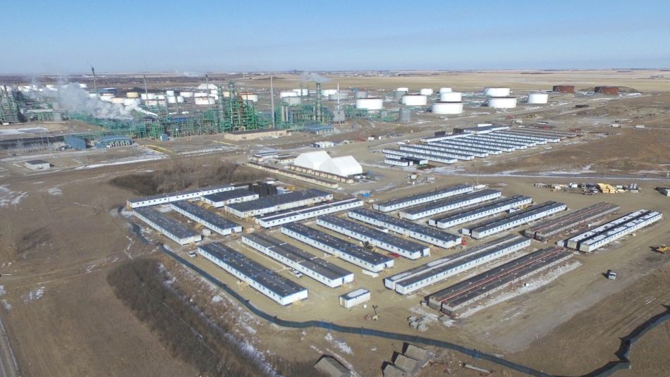 Rows of temporary employee housing on the Co-op Refinery site.