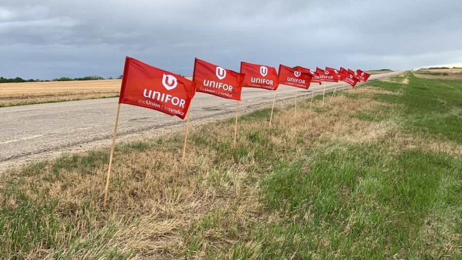 A row of Unifor flags waves next to a rural highway.