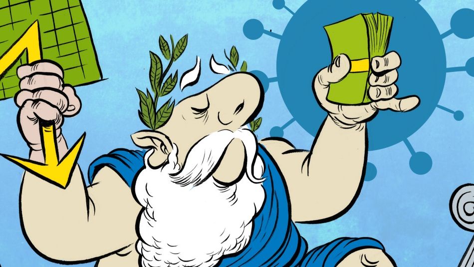 A cartoon shows greek god with a downward trending chart and a handful of money.