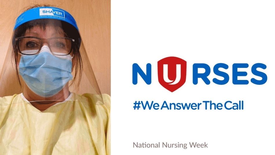 A nurse wearing PPE text reads Nurses We Answer The Call