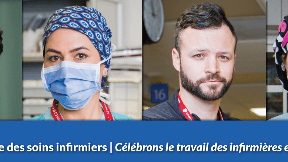 Un collage de photos montre quatres infirmières et infirmiers avec le texte : "Semaine national des soins infirmiers. Célébrons le travail de infirmières et infirmiers.»