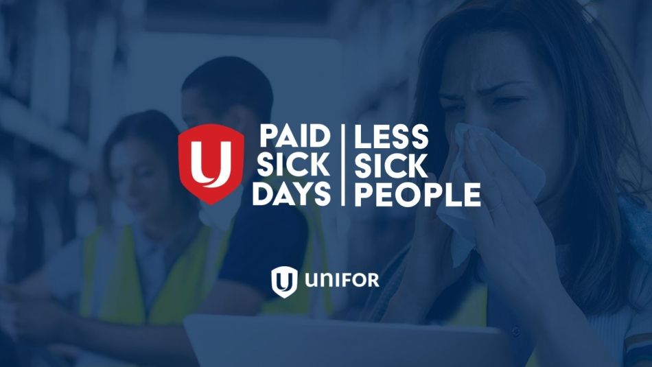 Text reads Paid Sick Days, workers in the background one appears sick blowing her nose.