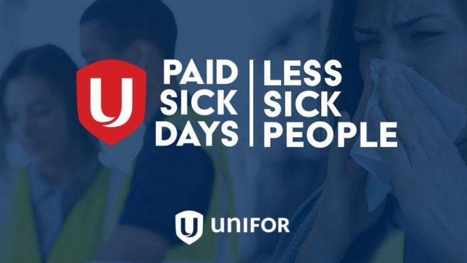 Text reads Paid Sick Days, less sick people. Workers in the background one appears sick blowing her nose.