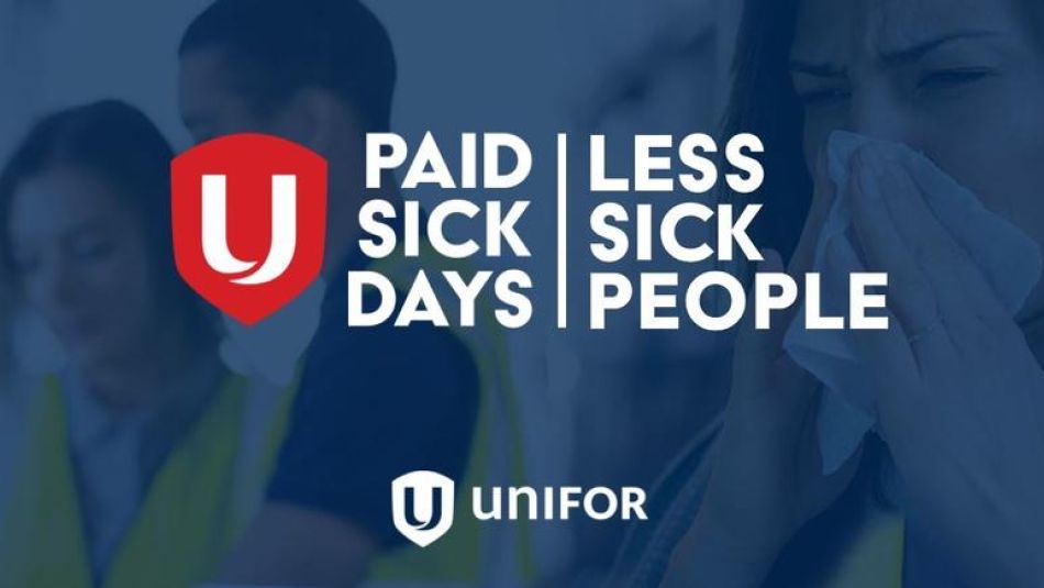 A woman wrapped in a blanket sneezed into a napkin, looking out of place at her job site. Text reads paid sick days, less sick people.