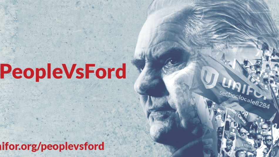 Edited image of Premier Doug Ford with rallying workers superimposed over his head and neck. 