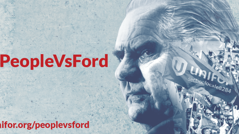 Edited image of Premier Doug Ford with rallying workers superimposed over his head and neck.