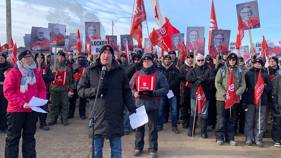 Scott Doherty speaks at a solidarity rally for locked-out Co-op refinery workers.