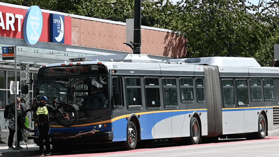 A city bus at a bus stop.