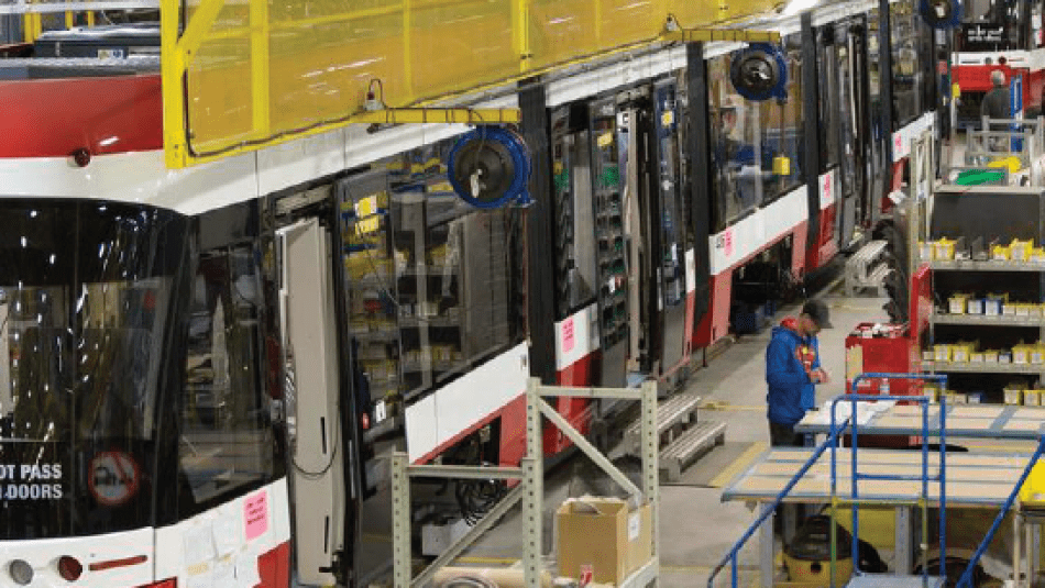 A future TTC streetcar on the assembly line in Thunder Bay, Ontario.