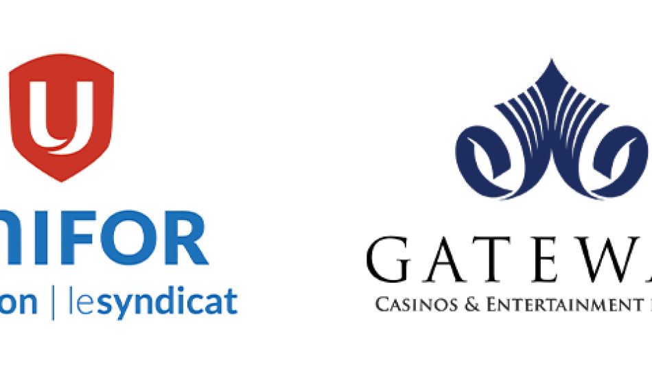 The logos of Unifor and Gateway Casinos.