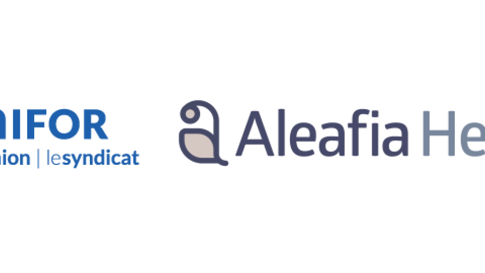 The logos of Unifor and Aleafia Health.