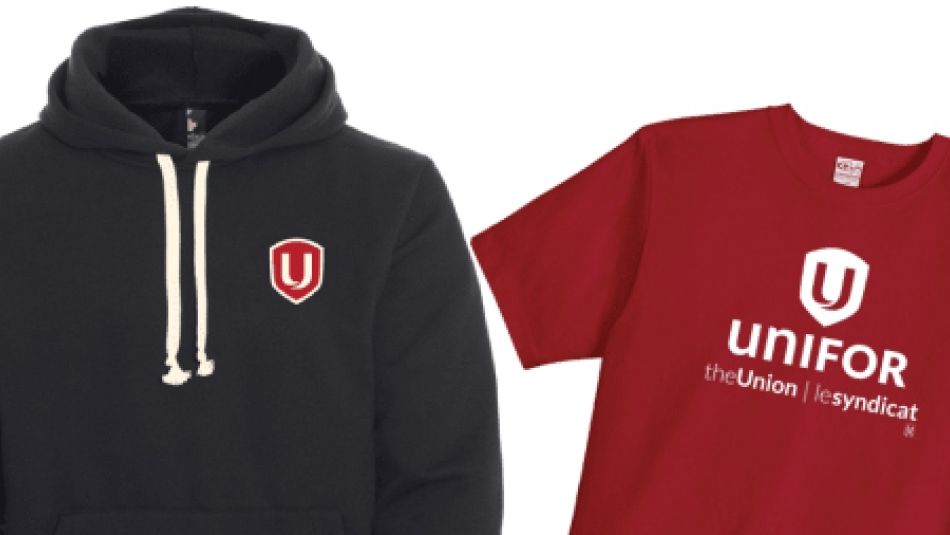 A black hoodie and red t-shirt with Unifor logos. 