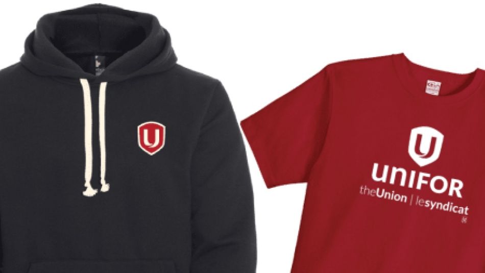 A black hoodie and red t-shirt with Unifor logos.