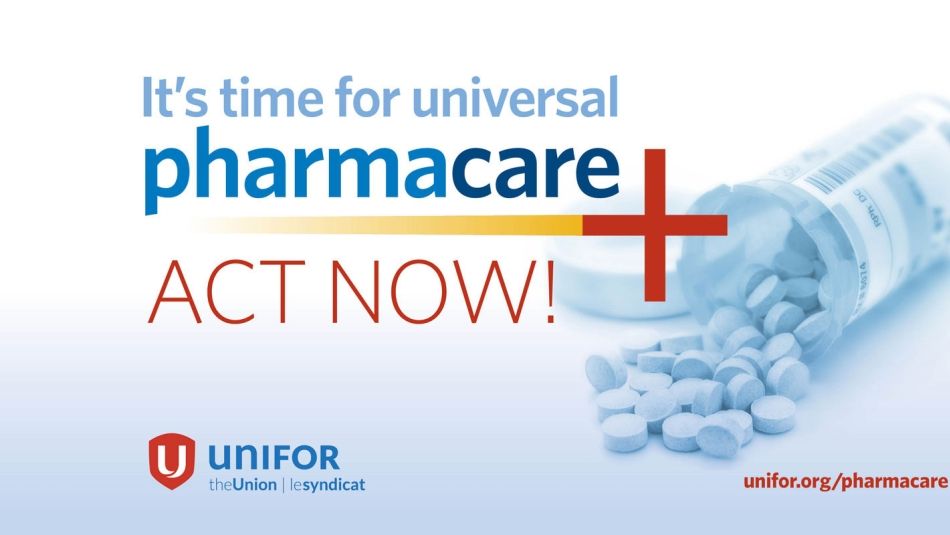 A pill bottle that has round pills spilling out and text that reads, Pharmacare Act Now.