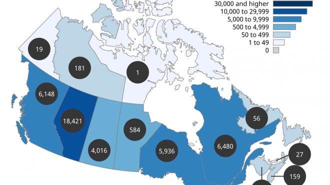 Graph using a map of Canada showing Alberta has the most active Covid-19 cases of any province with 18,421