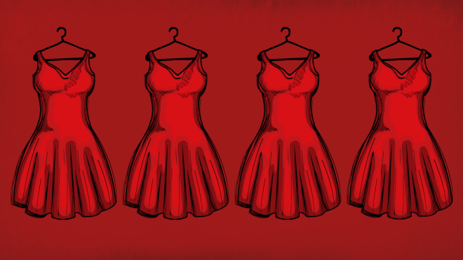 Four red dresses hanging on four hangars