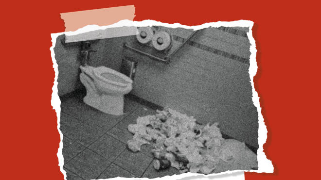 Photo with red background and and a dirty washroom in black and white in the foreground