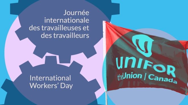 May Day graphic with a Unifor flag