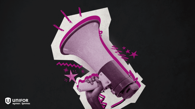 Illistration in pink of a hand holding mega phone on a black background