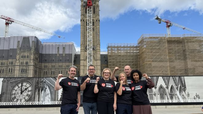 Unifor leadership in front of Parliment Hill in Ottawa