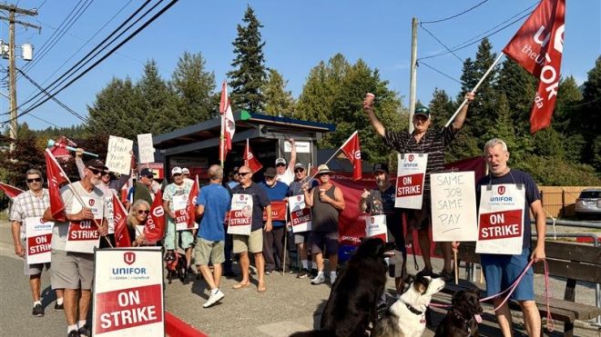 A group of people holding flags and strike signs