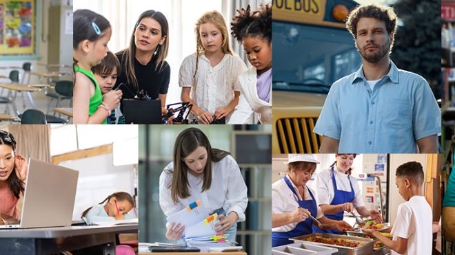 A collage of photos of workers performing various support jobs in a school setting