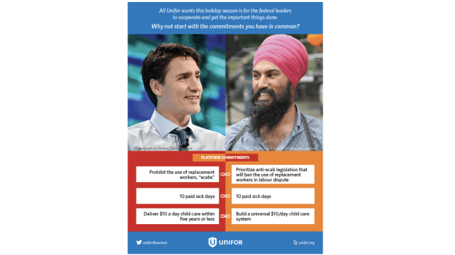 Unifor’s December 2021 iPolitics ad asks PM Trudeau and NDP leader Singh to cooperate. 