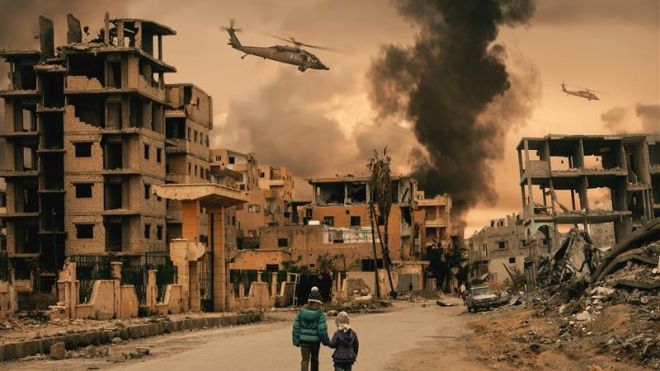 Two young children walk hand in hand through a destroyed street in Gaza, surrounded by the ruins of bombed-out buildings. Thick black smoke billows in the distance as military helicopters fly overhead, capturing the devastation and fear of ongoing conflict.