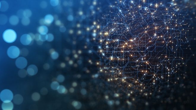 a graphic with blue and gold geo-shapes