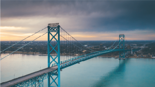 Overhead shot of the Ambassador Bridge in Windsor, Ontario