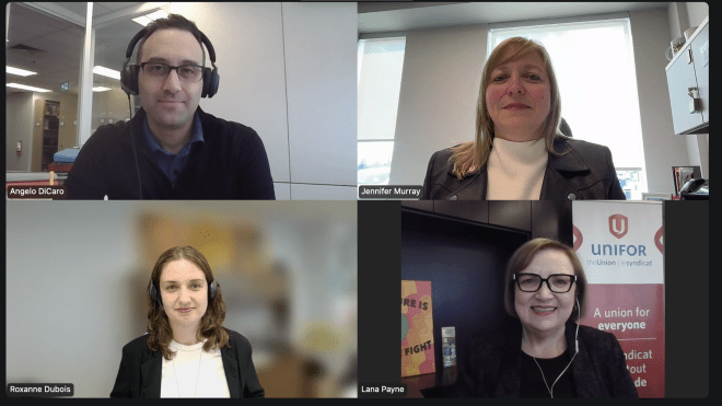 Four people on zoom squares