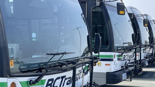 BC transit busses parked in a row