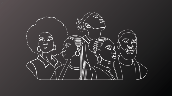 A white line illustration of 5 Black individuals