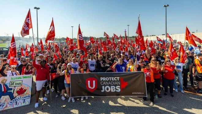 Unifor Protect Canadian Jobs rally outside Stellantis Brampton Assembly Plant