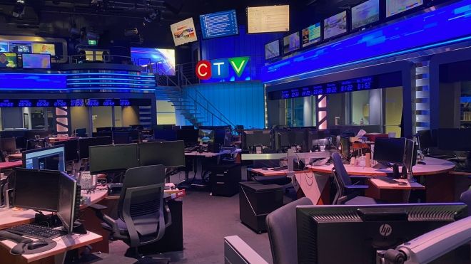 CTV news room sign, desks, chairs and computers
