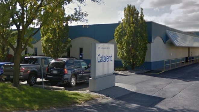 exterior Catalent building with tree and shrubs 