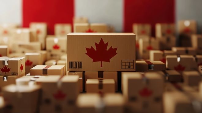 stacks of boxes with red maple leaf 
