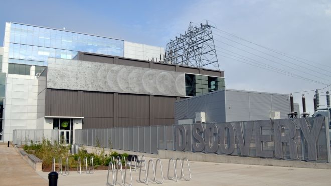 An exterior photo of the Discovery Centre building