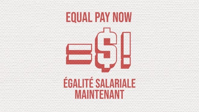 Un symbole égal suivi d'un signe de dollar et d'un point d'exclamation avec le texte « Égalité salariale maintenant »