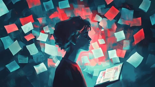 a side profile silhouette and colourful papers flying in the air