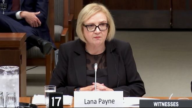 Unifor National President Lana Payne seated in a House of Commons Committee room delivering remarks to the Standing Committee on International Trade