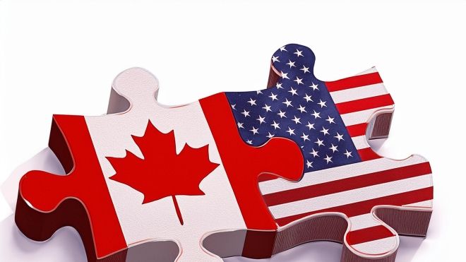 Canadian and USA flags as two puzzle pieces 