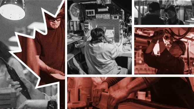 A collage of black and white photos, some with a red overlay, of workers in different industries. All of the photos are squares and rectangles. One photo is cut out in the shape of a half maple leaf.