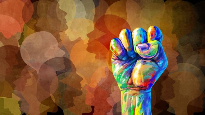 Colourful fist in the air, surrounded by silhouettes in watercolour style.