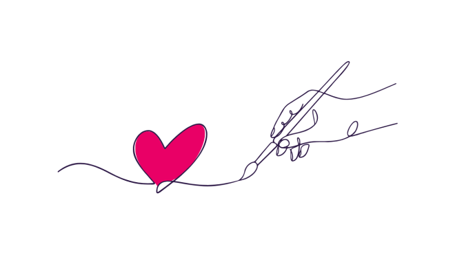 A line drawing of a hand paints a pink heart