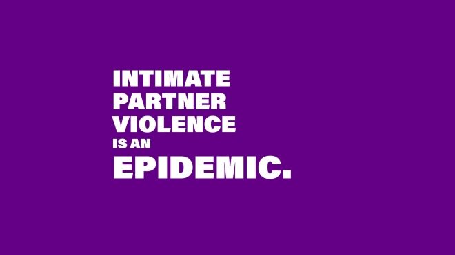 Bold white text on purple that reads "Intimate Partner Violence is an Epidemic"