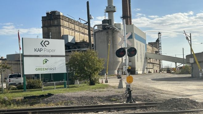 An exterior view of the Kap Paper mill in Kapuskasing, Ontario.