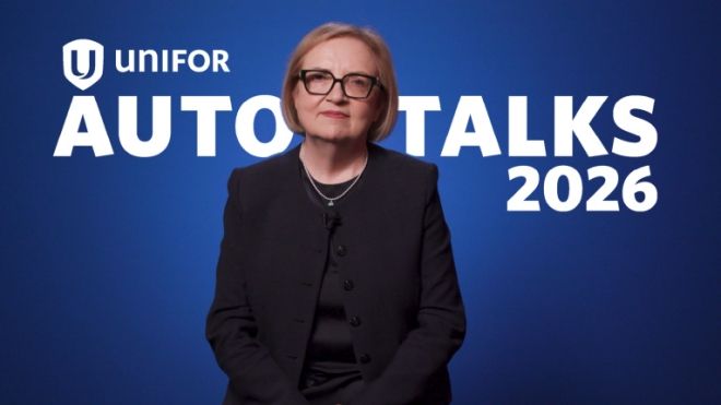 Lana Payne headshot, Auto Talks 2026 background with a Unifor logo