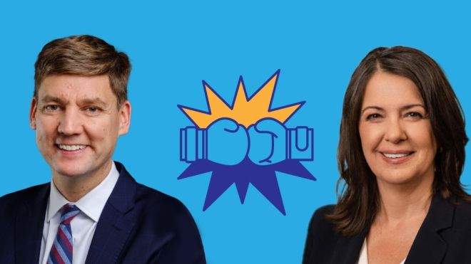 Portraits of David Eby (left) and Danielle Smith (right). In between are two boxing gloves head to head over a starburst.