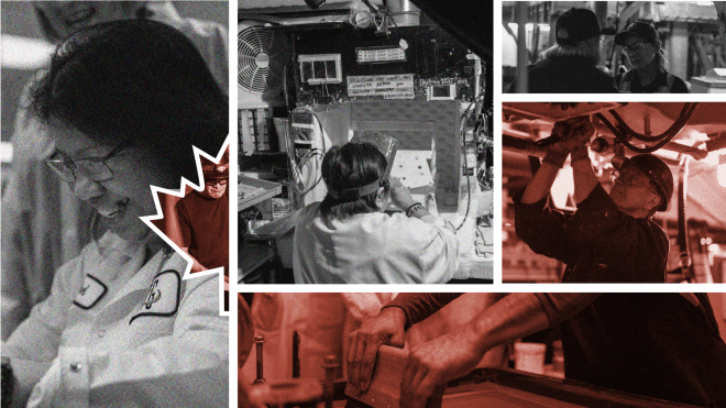 A collage of black and white photos, some with a red overlay, of workers in different industries. All of the photos are squares and rectangles. One photo is cut out in the shape of a half maple leaf.